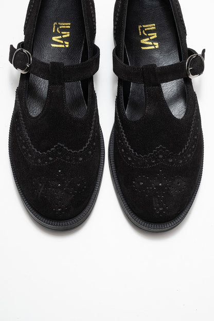 Janney - Black Suede Leather Strap Loafers (Women)