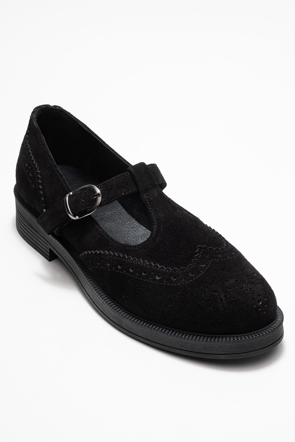 Janney - Black Suede Leather Strap Loafers (Women)