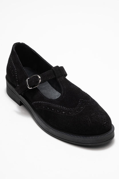 Janney - Black Suede Leather Strap Loafers (Women)