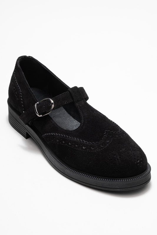 Janney - Black Suede Leather Strap Loafers (Women)