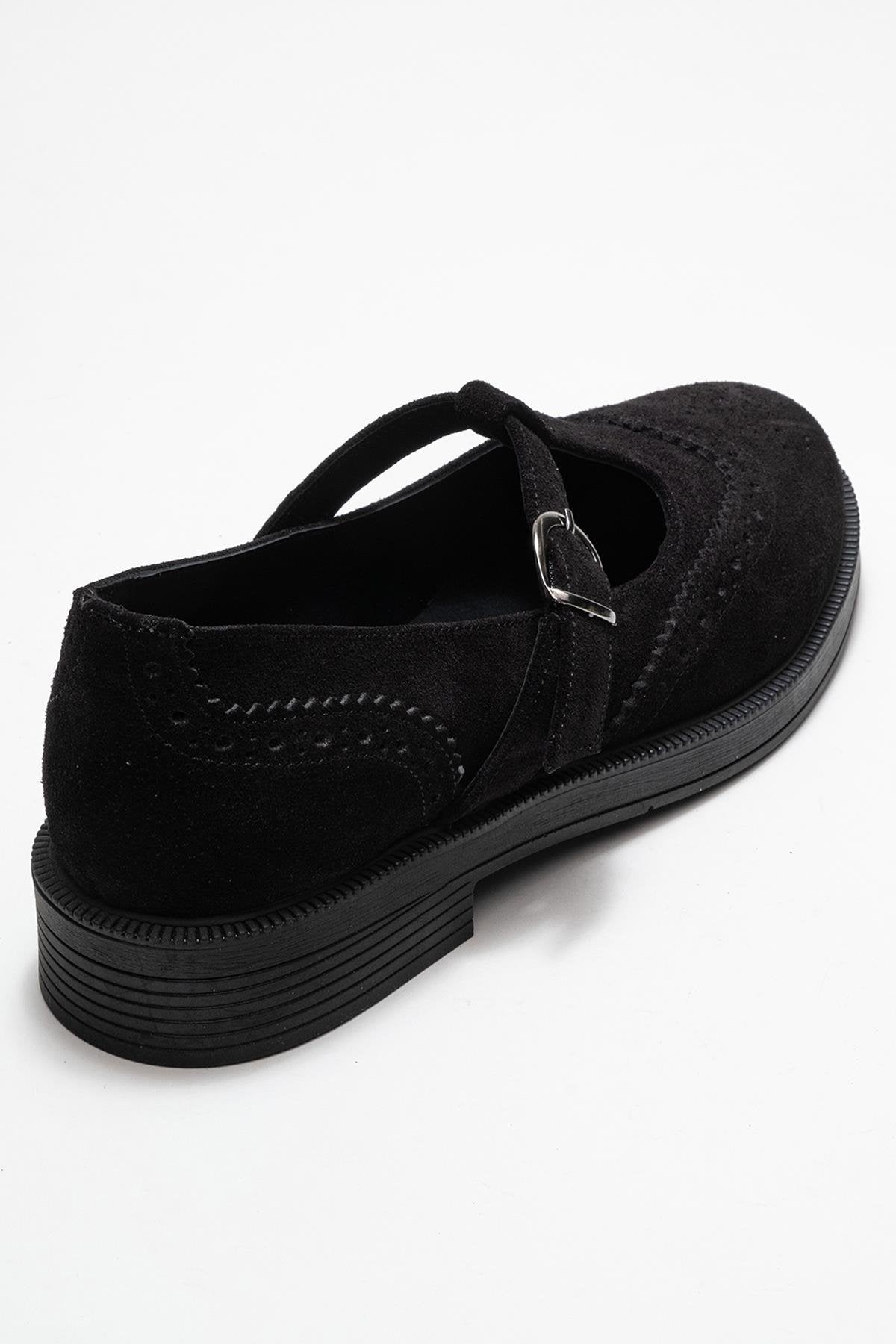 Janney - Black Suede Leather Strap Loafers (Women)