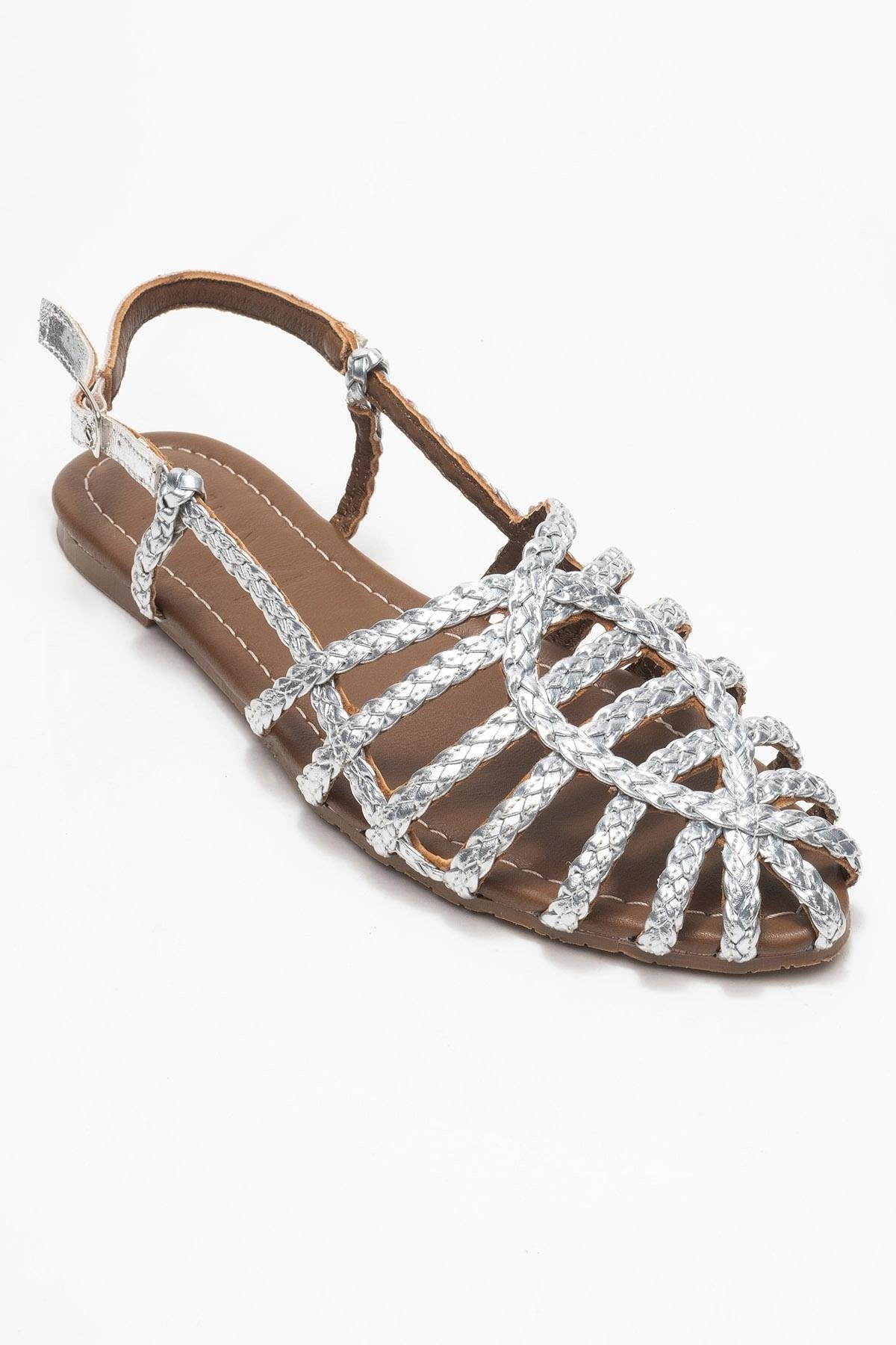 Claudia - Sandalia trenzada con tiras de piel auténtica color plata (Mujer)