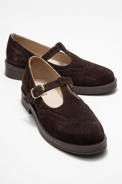 Janney - Brown Suede Leather Strap Loafers (Women)