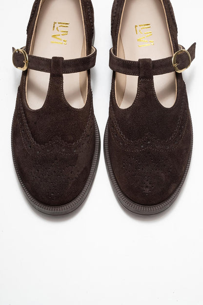 Janney - Brown Suede Leather Strap Loafers (Women)