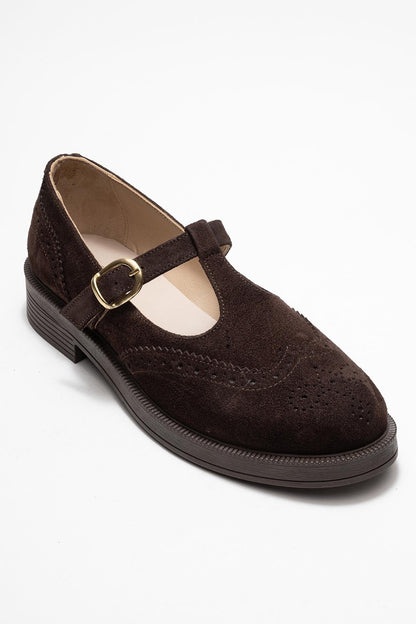 Janney - Brown Suede Leather Strap Loafers (Women)