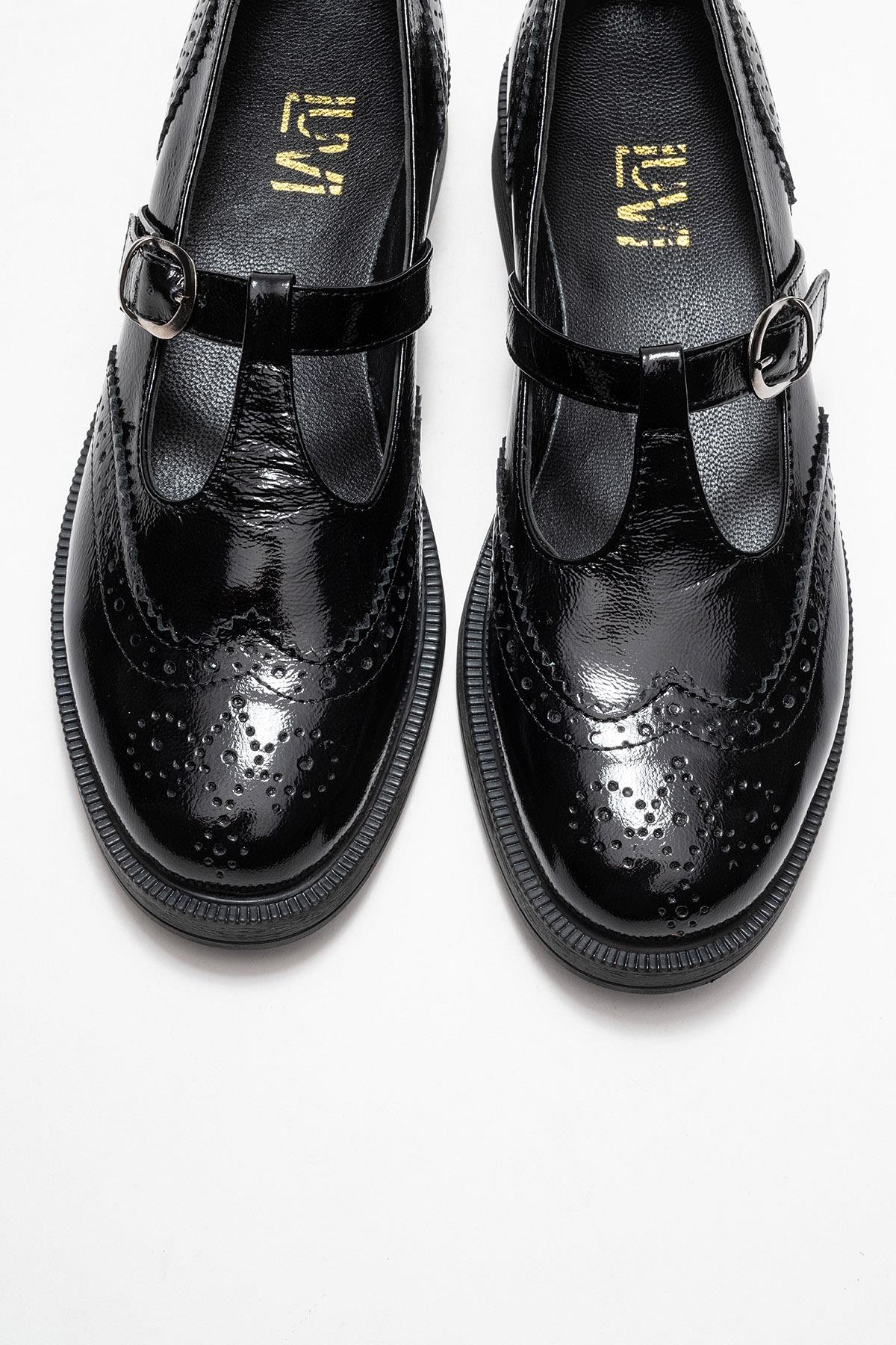 Janney - Black Patent Leather Strap Loafers (Women)