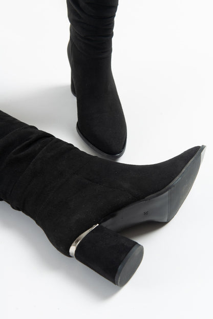 120 - Bota alta de tacón ancho de ante negro (Mujer)