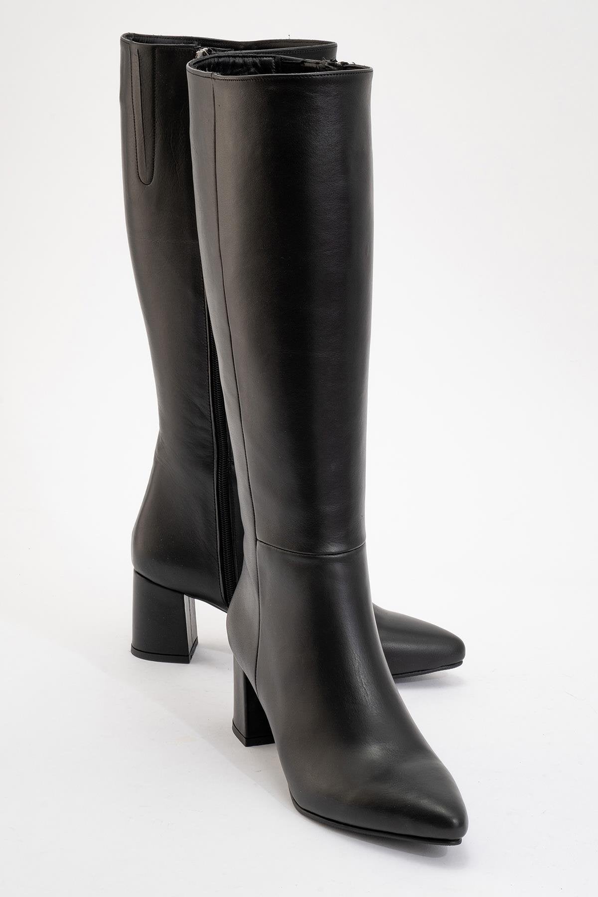 Sejas - Black Leather Block Heel Knee-High Boot (Women)
