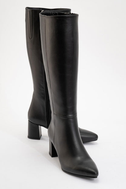 Sejas - Black Leather Block Heel Knee-High Boot (Women)