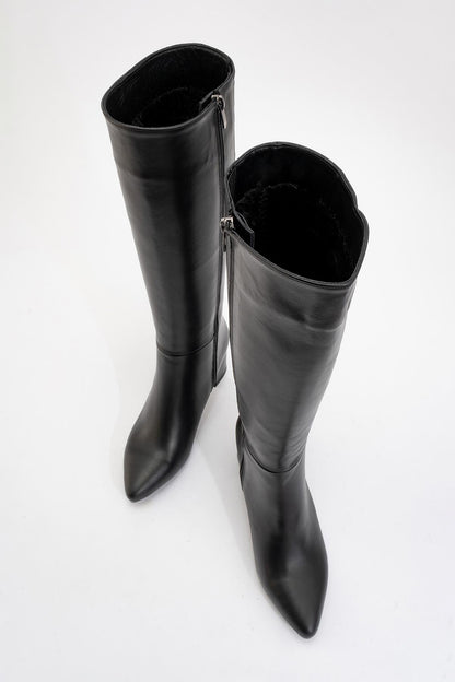 Sejas - Black Leather Block Heel Knee-High Boot (Women)