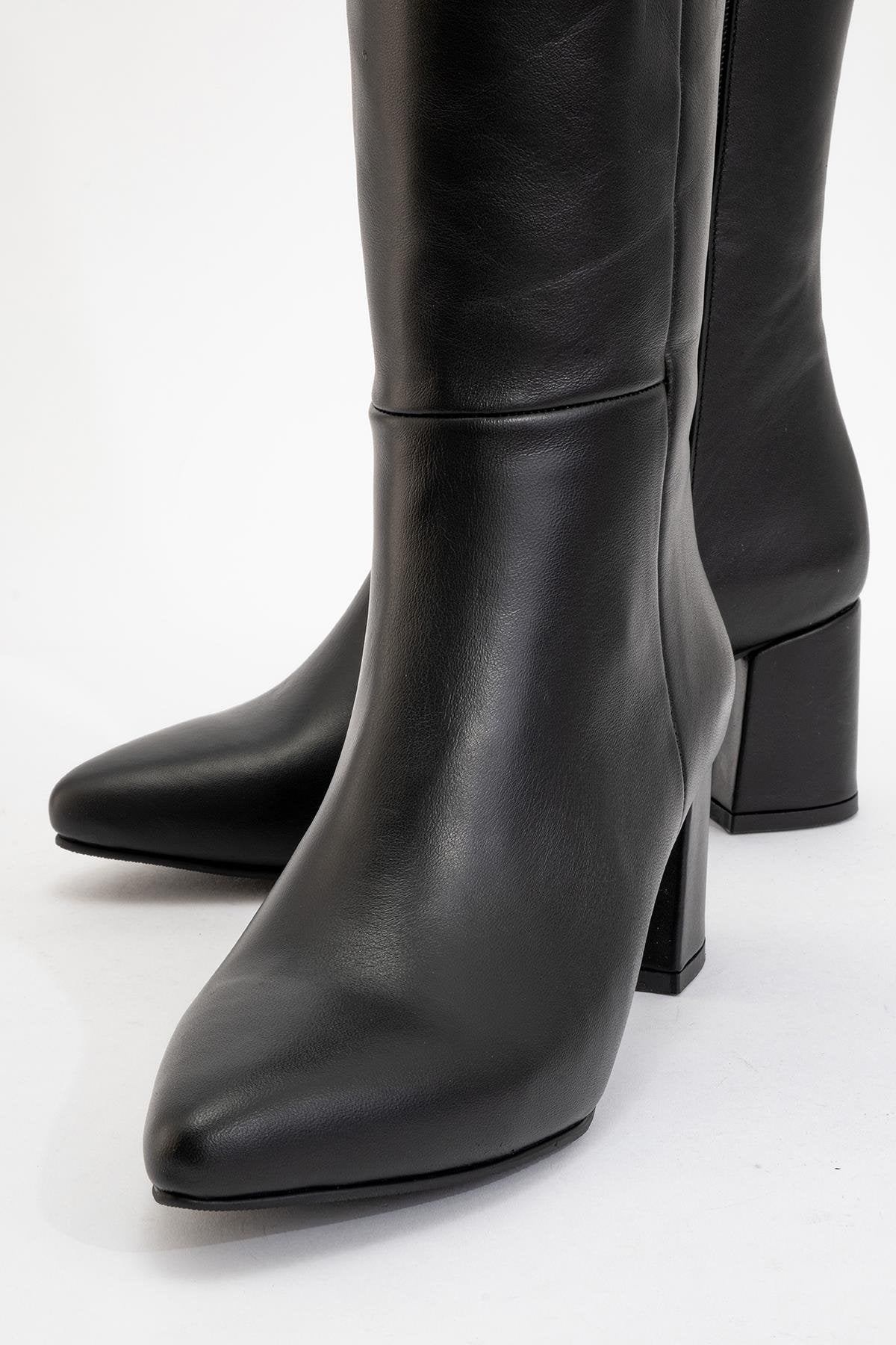 Sejas - Black Leather Block Heel Knee-High Boot (Women)