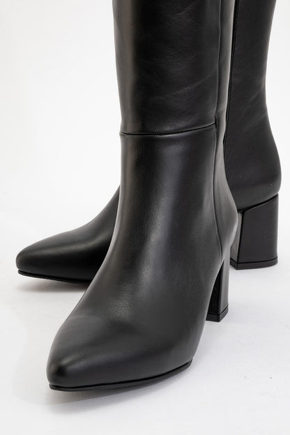 Sejas - Black Leather Block Heel Knee-High Boot (Women)
