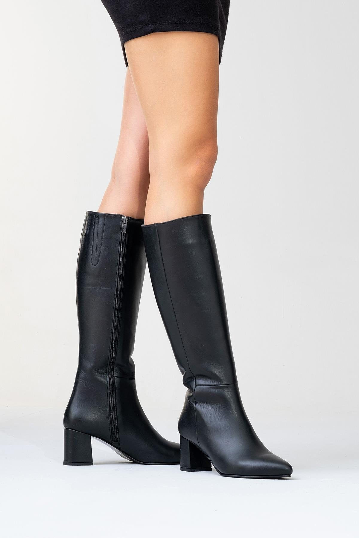 Sejas - Black Leather Block Heel Knee-High Boot (Women)