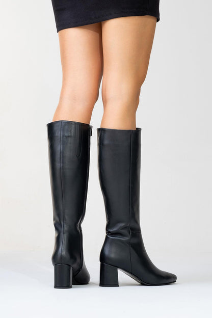 Sejas - Black Leather Block Heel Knee-High Boot (Women)