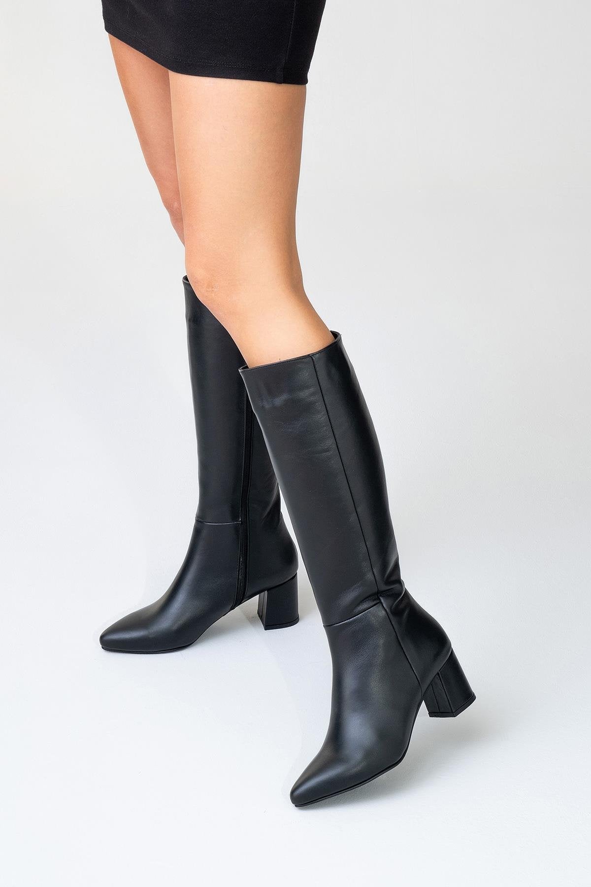 Sejas - Black Leather Block Heel Knee-High Boot (Women)