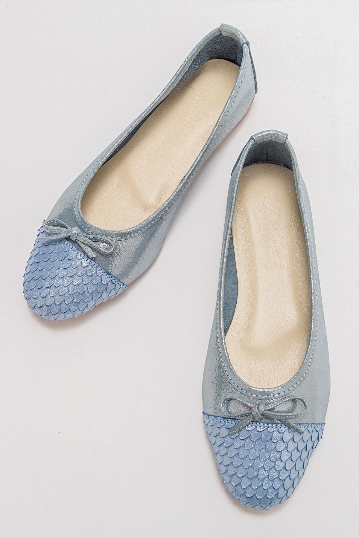 02 - Bailarina plana de purpurina azul de piel auténtica (mujer)