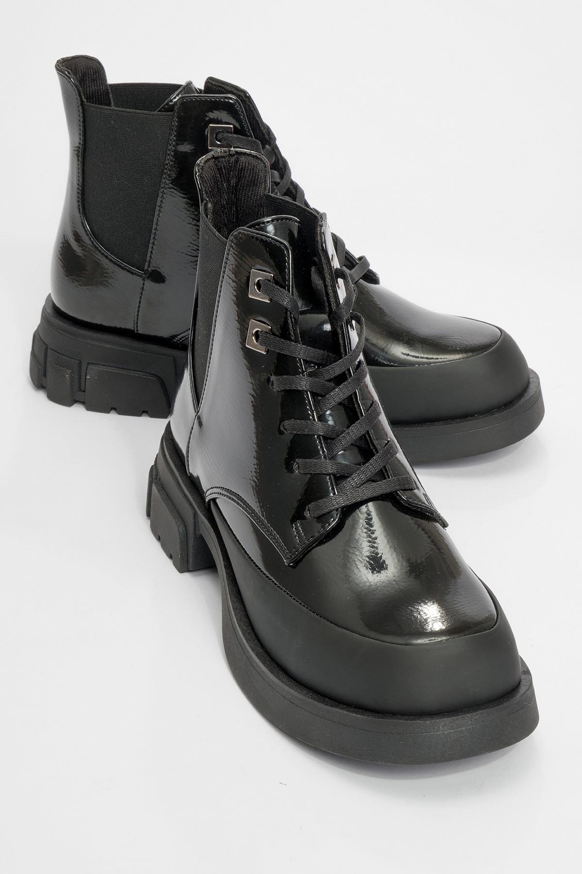 Challo - Bota de combate elástica de charol negro (Mujer)