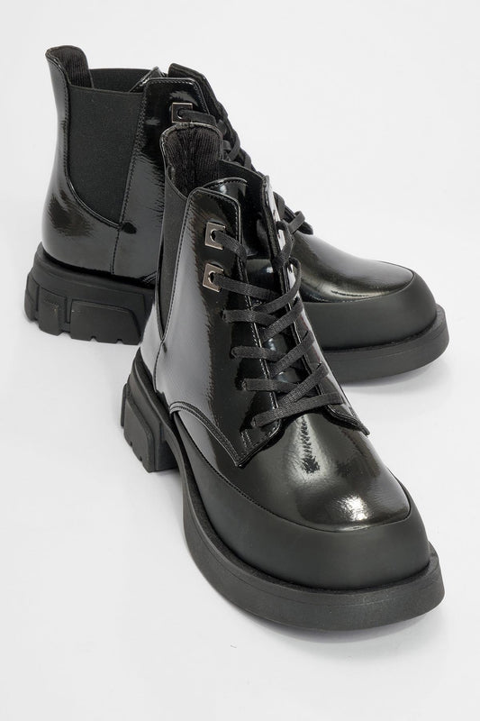 Challo - Black Patent Elastic Combat Boot (Women)