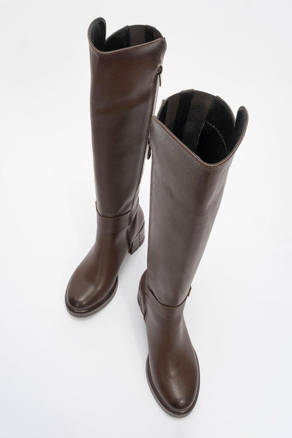 Bota alta Moreni con tacón de bloque y hebilla elástica color coñac (mujer)