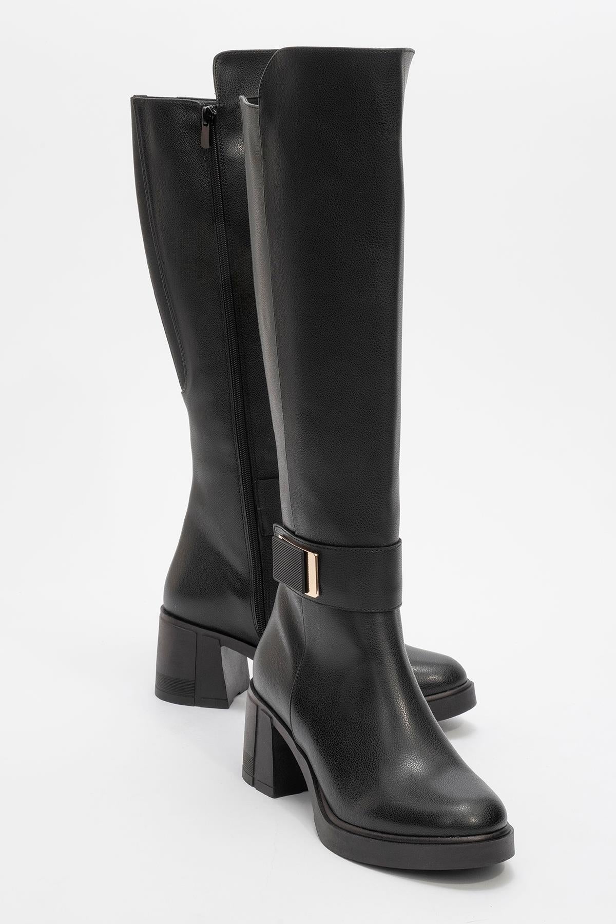 Moreni - Bota alta hasta la rodilla elástica negra con hebilla y tacón de bloque (Mujer)