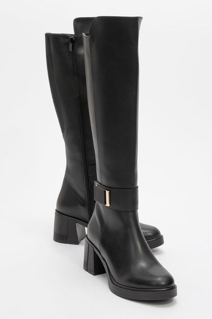 Moreni - Bota alta hasta la rodilla elástica negra con hebilla y tacón de bloque (Mujer)