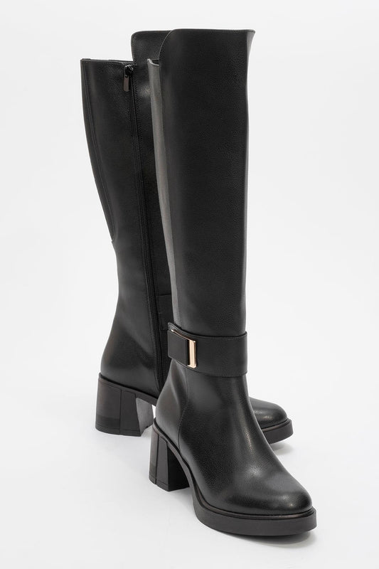 Moreni - Bota alta hasta la rodilla elástica negra con hebilla y tacón de bloque (Mujer)