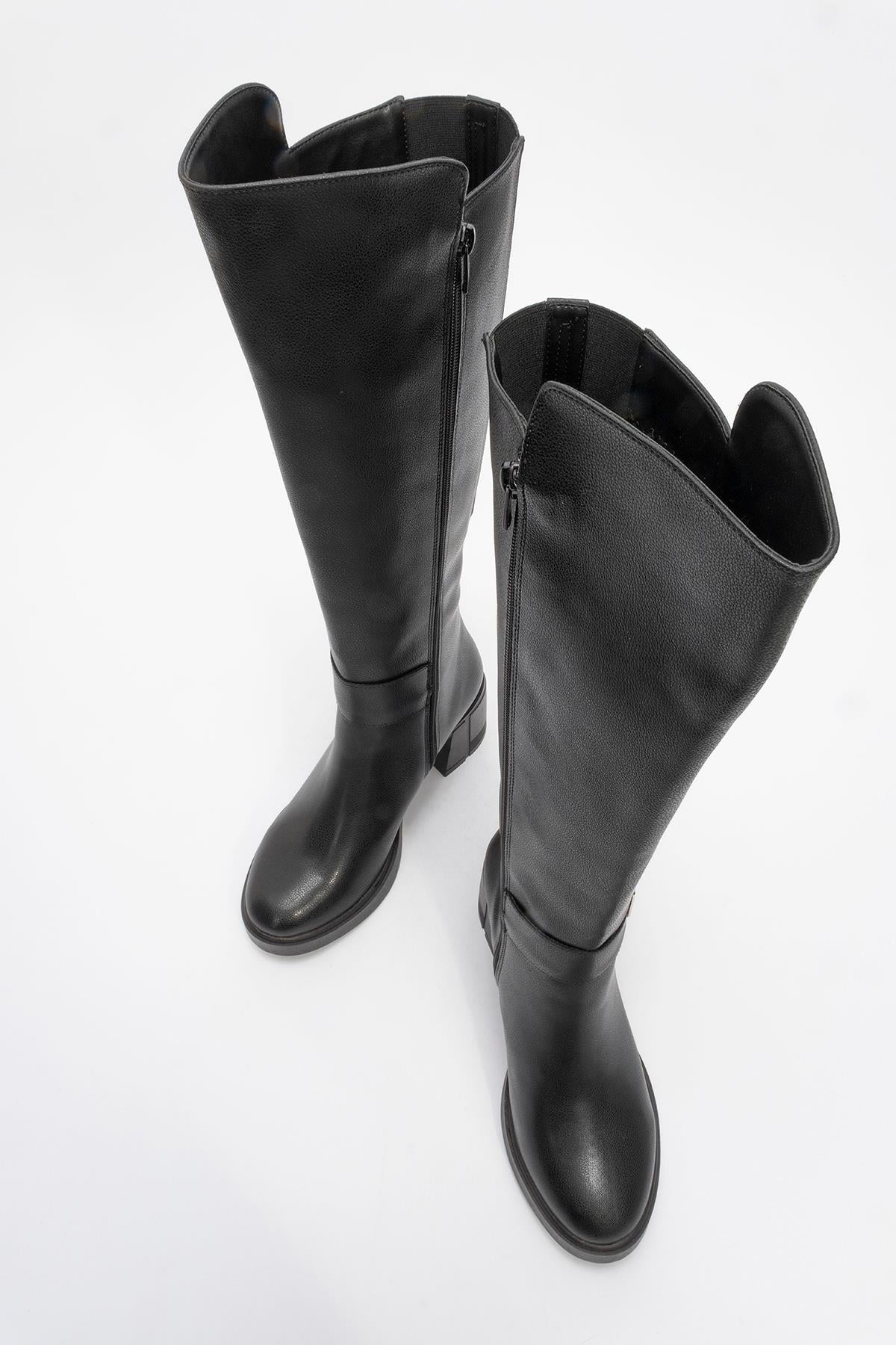 Moreni - Bota alta hasta la rodilla elástica negra con hebilla y tacón de bloque (Mujer)