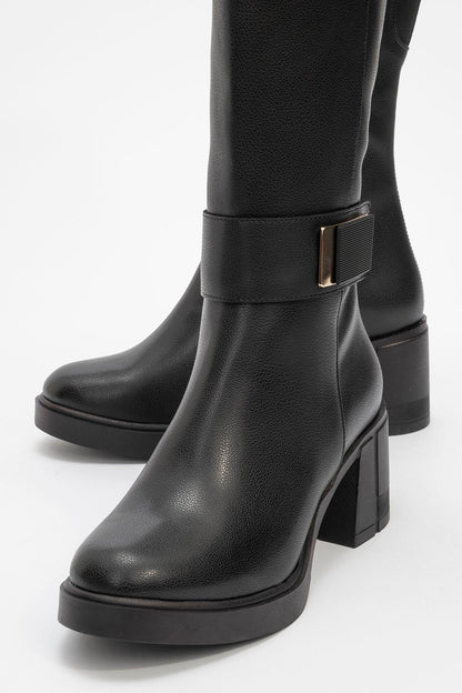 Moreni - Bota alta hasta la rodilla elástica negra con hebilla y tacón de bloque (Mujer)