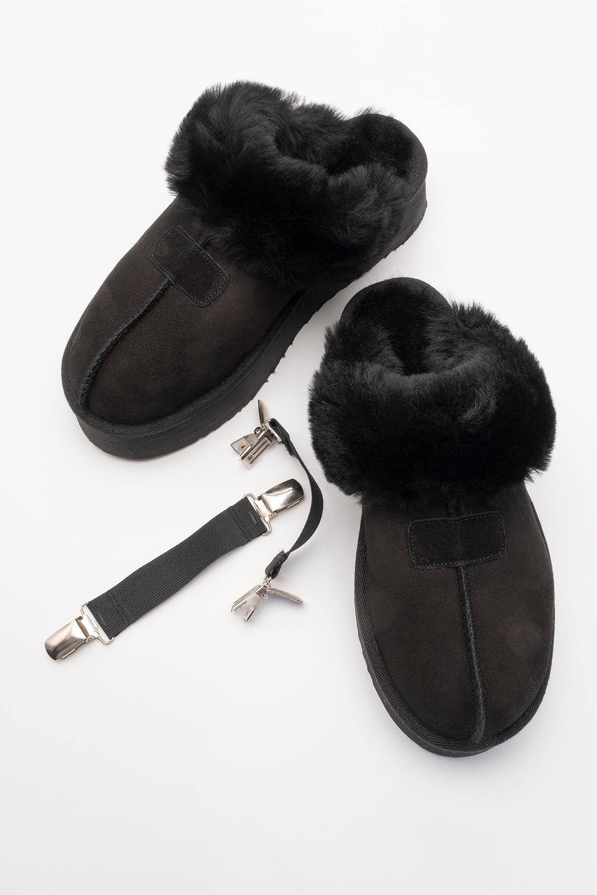 Olessa - Pantuflas de cuero genuino negro y gamuza con forro de piel (mujer)