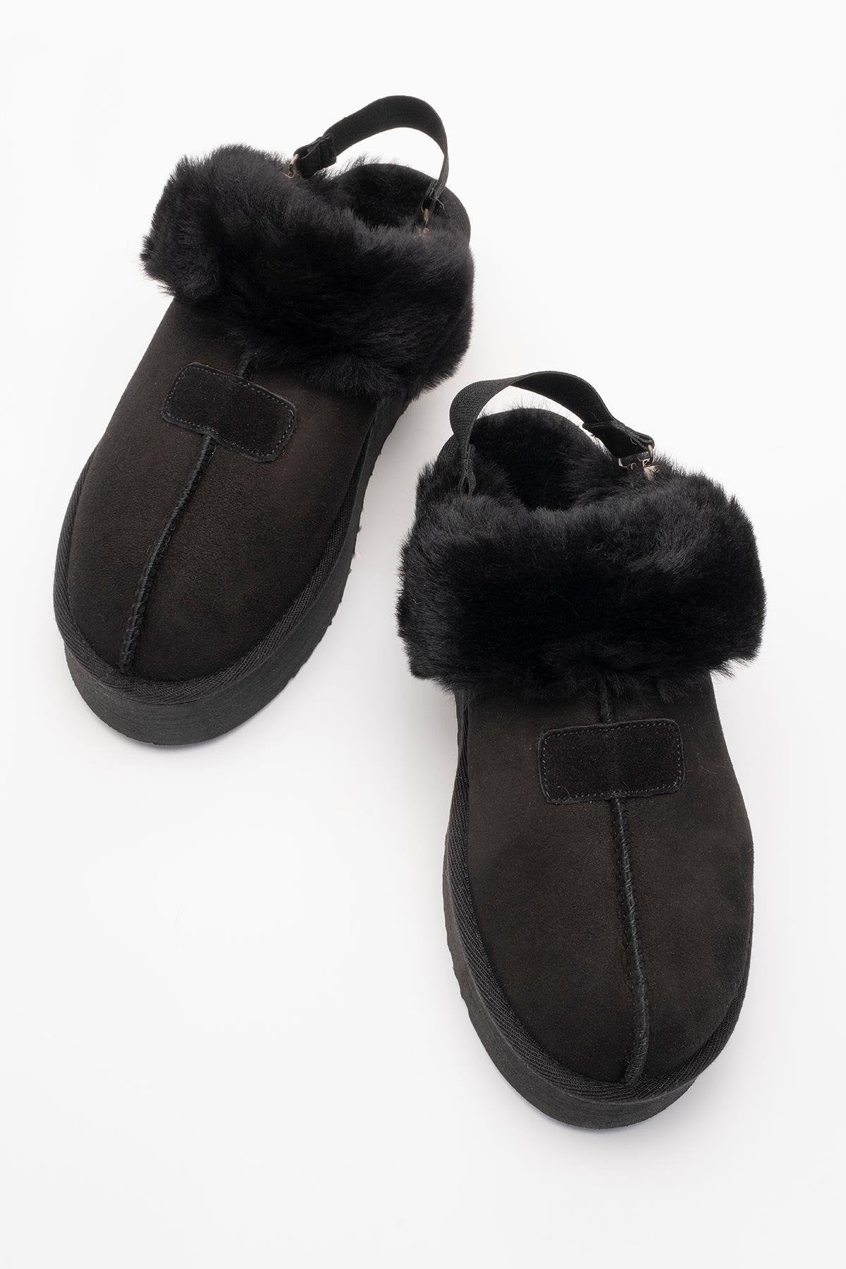 Olessa - Pantuflas de cuero genuino negro y gamuza con forro de piel (mujer)