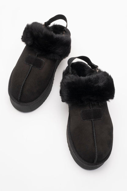 Olessa - Pantuflas de cuero genuino negro y gamuza con forro de piel (mujer)