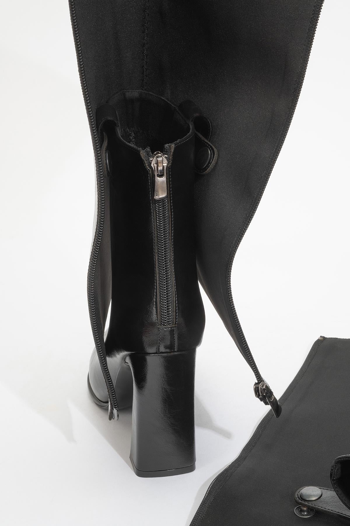 Aja - Black Block Heel Convertible Knee High Boot (Women)