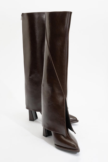 Aja - Brown Block Heel Convertible Knee High Boot (Women)