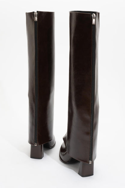 Aja - Brown Block Heel Convertible Knee High Boot (Women)