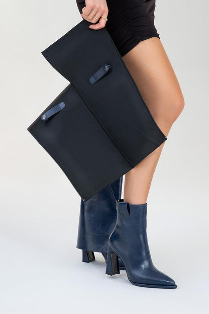 Aja - Navy Block Heel Convertible Knee High Boot (Women)