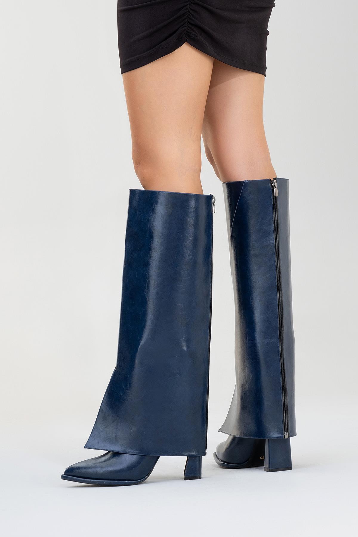 Aja - Navy Block Heel Convertible Knee High Boot (Women)