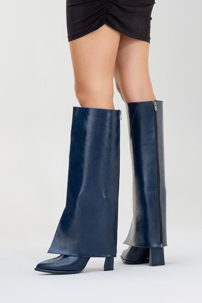 Aja - Navy Block Heel Convertible Knee High Boot (Women)