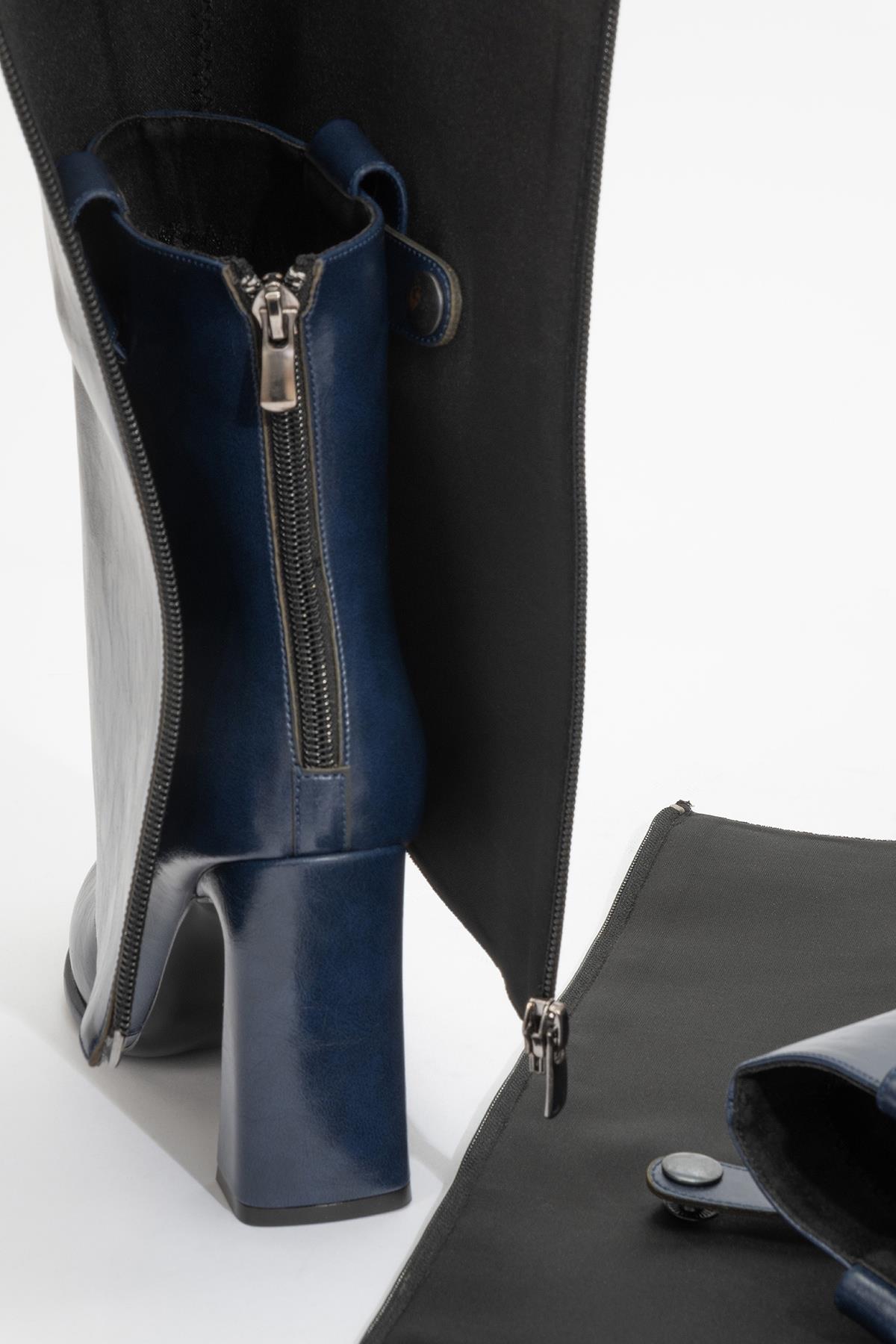 Aja - Navy Block Heel Convertible Knee High Boot (Women)