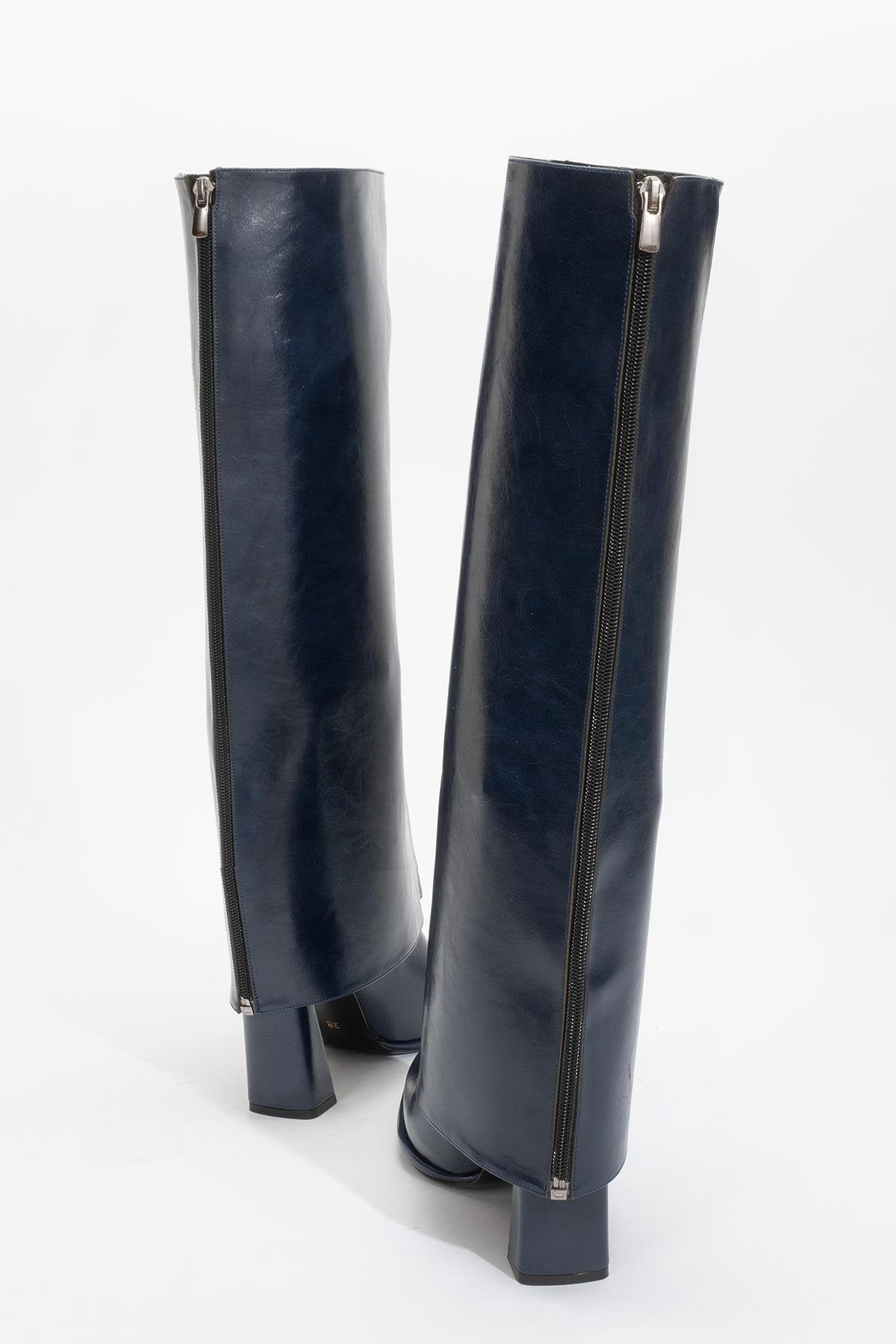 Aja - Navy Block Heel Convertible Knee High Boot (Women)