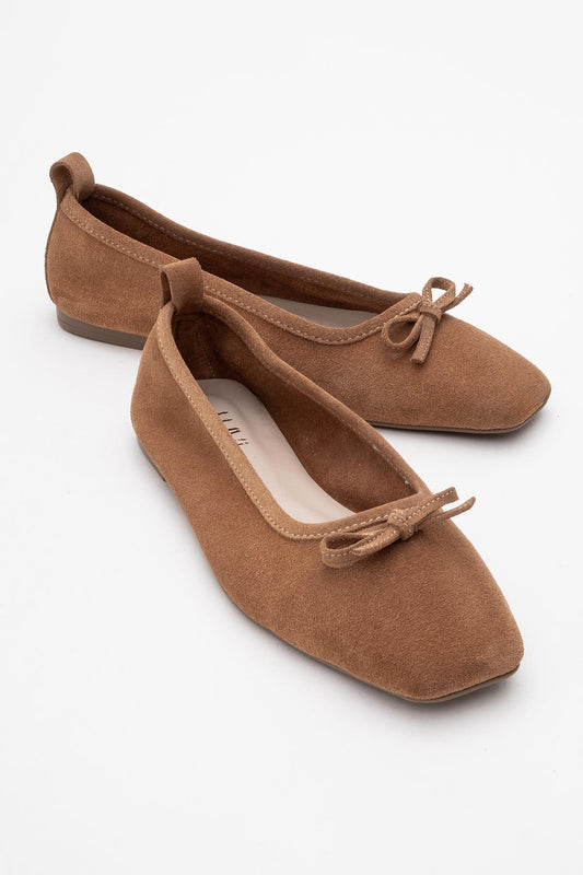 Sosa - Bailarinas cuadradas con moño de cuero genuino color topo (Mujer)