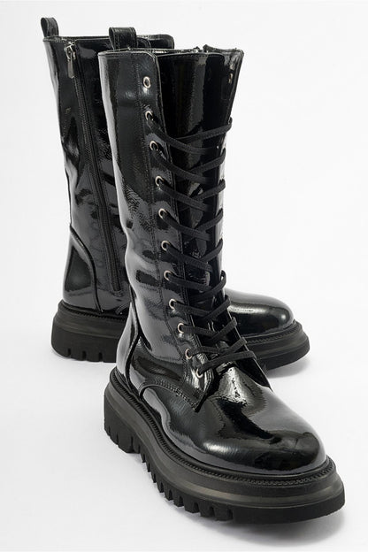 Piola - Bota de combate de charol negro (mujer)