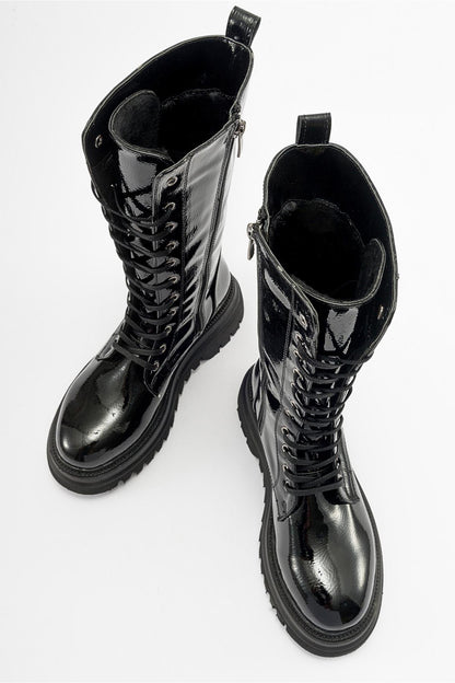 Piola - Bota de combate de charol negro (mujer)