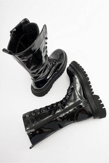 Piola - Bota de combate de charol negro (mujer)