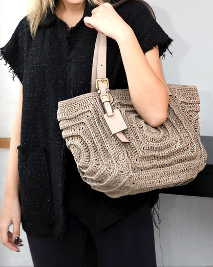 Giorgia - Bolso de Hombro Tejido a Mano Color Visón con Asas de Piel