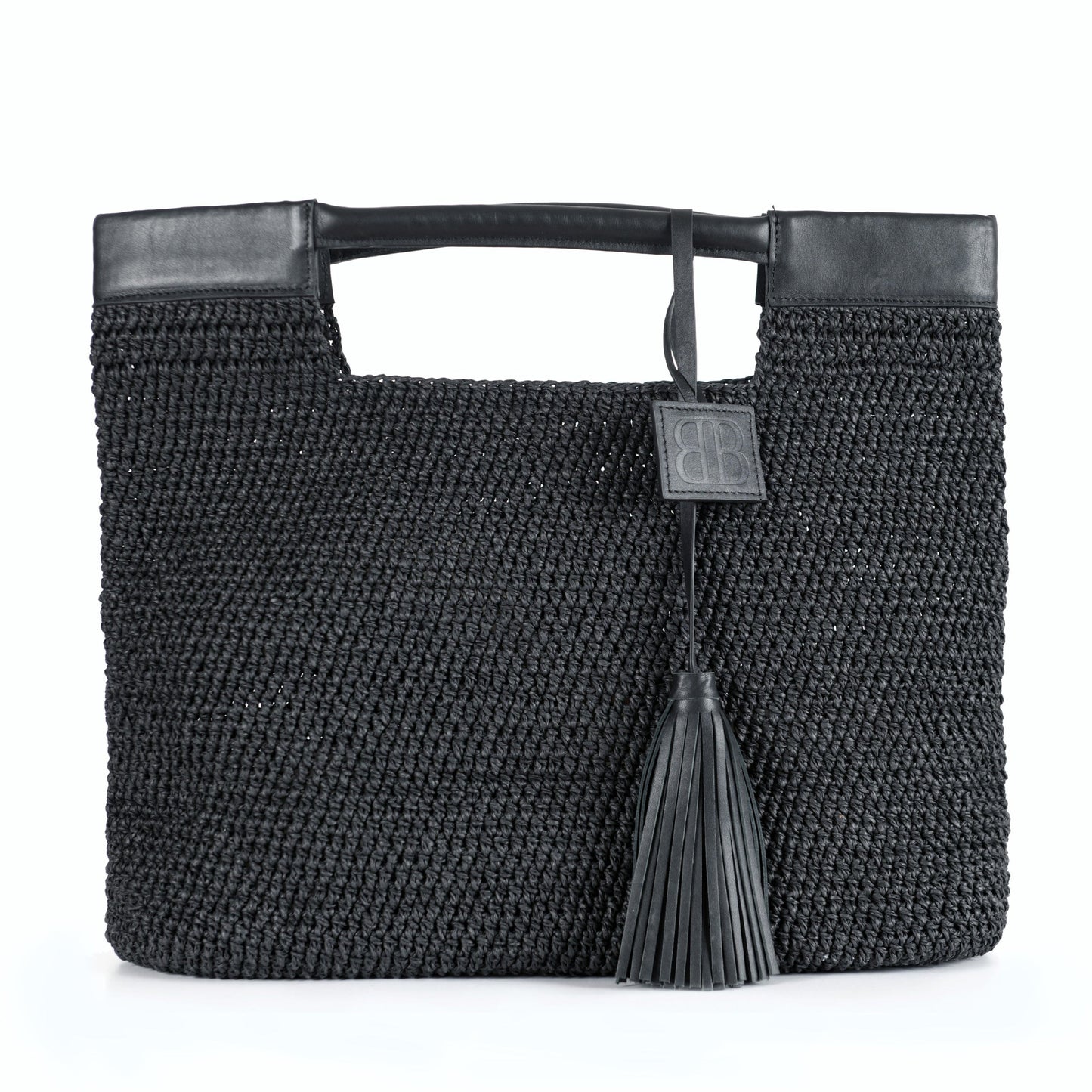 Gabriella - Bolso de hombro negro tejido a mano con tirantes de cuero
