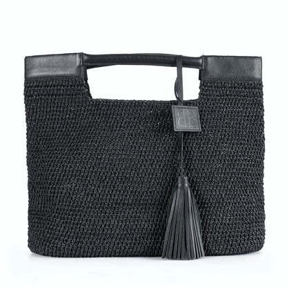 Gabriella - Bolso de hombro negro tejido a mano con tirantes de cuero