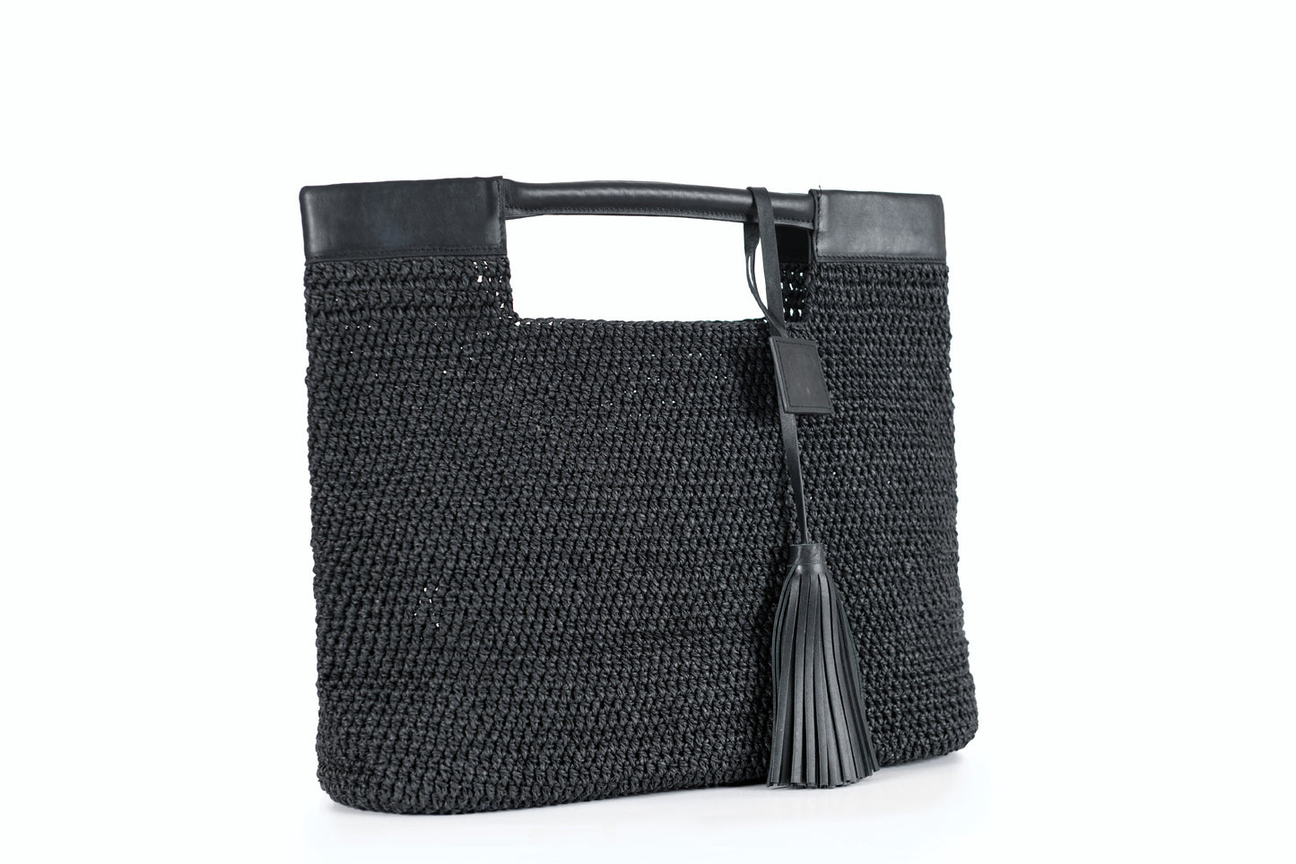 Gabriella - Bolso de hombro negro tejido a mano con tirantes de cuero