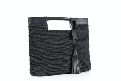Gabriella - Bolso de hombro negro tejido a mano con tirantes de cuero