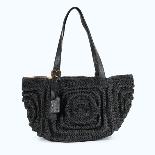 Giorgia - Bolso de hombro de tejido negro con tiras de cuero