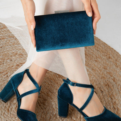 Clara - Cartera de terciopelo azul turquesa